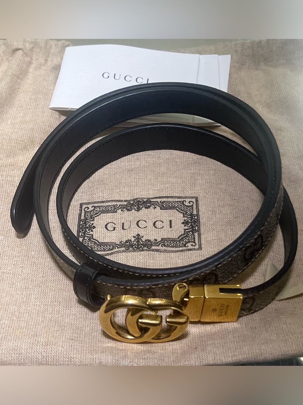 Gucci Brown/Black GG Supreme Belt with Gold Double G Buckle
